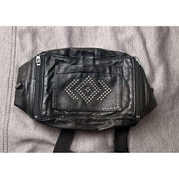 Vintage Leather Studded Belt Bag Unisex Zipper Pockets Travel Bag Black - Picture 2 of 9